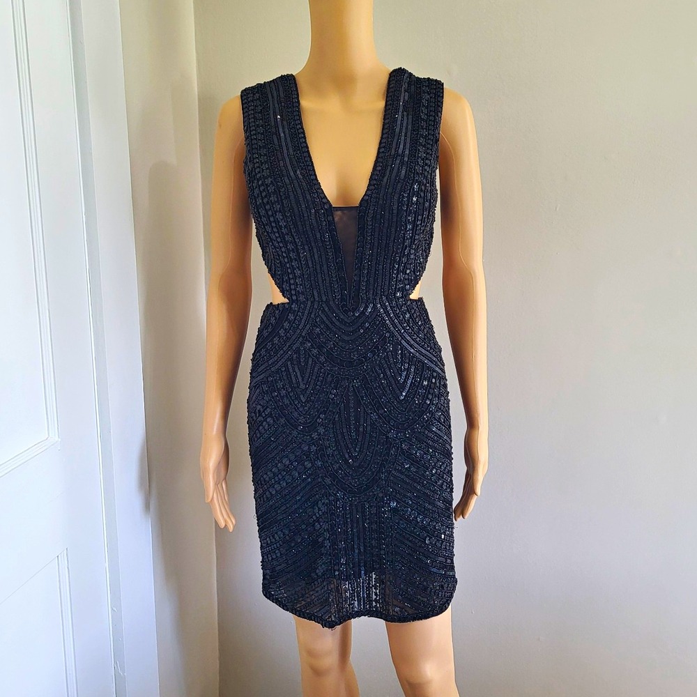 Sherri Hill Black Sequin Beaded Formal Cocktail Party Dress Women's Size 2